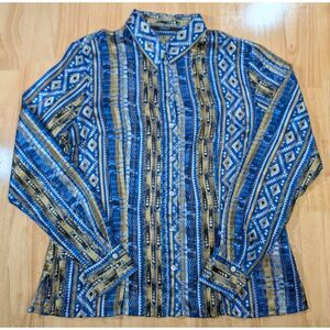 Belissimo NY Top Blouse Women L Sheer Button Front Blue Gold Metallic Print